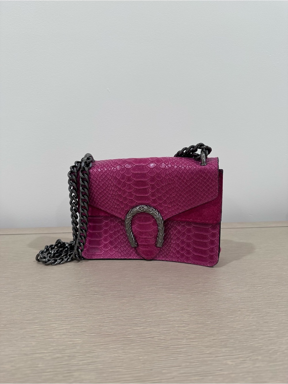 Women's Small Magenta Python-Texture Shoulder Bag